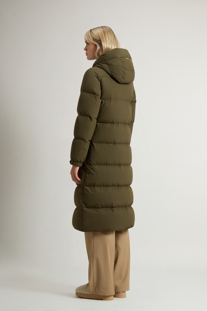 Long Cloud Down Jacket in Stretch Nylon with Matte Finish Black Dark Green