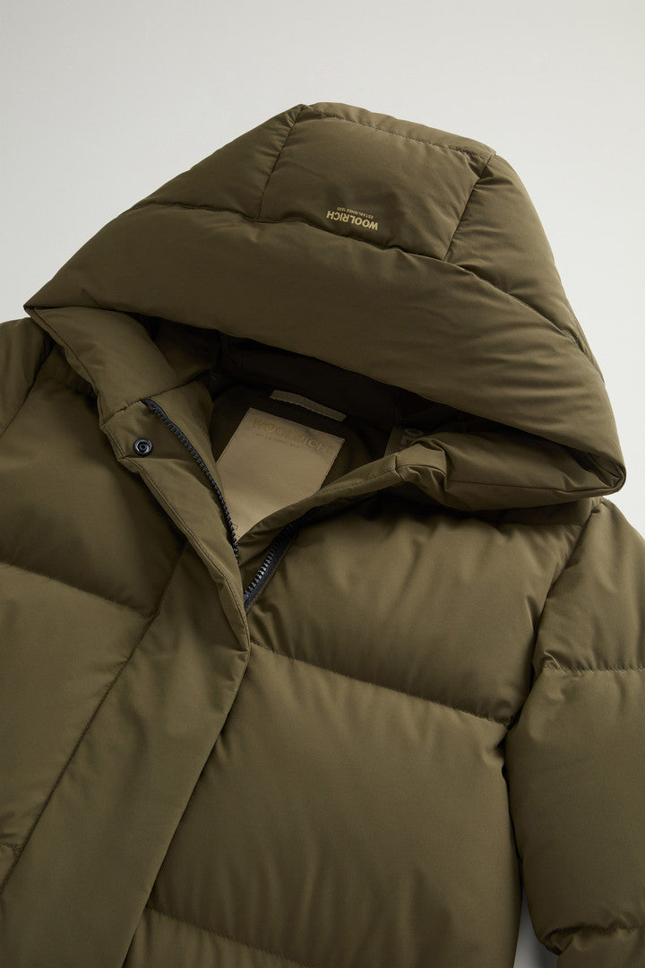 Long Cloud Down Jacket in Stretch Nylon with Matte Finish Black Dark Green