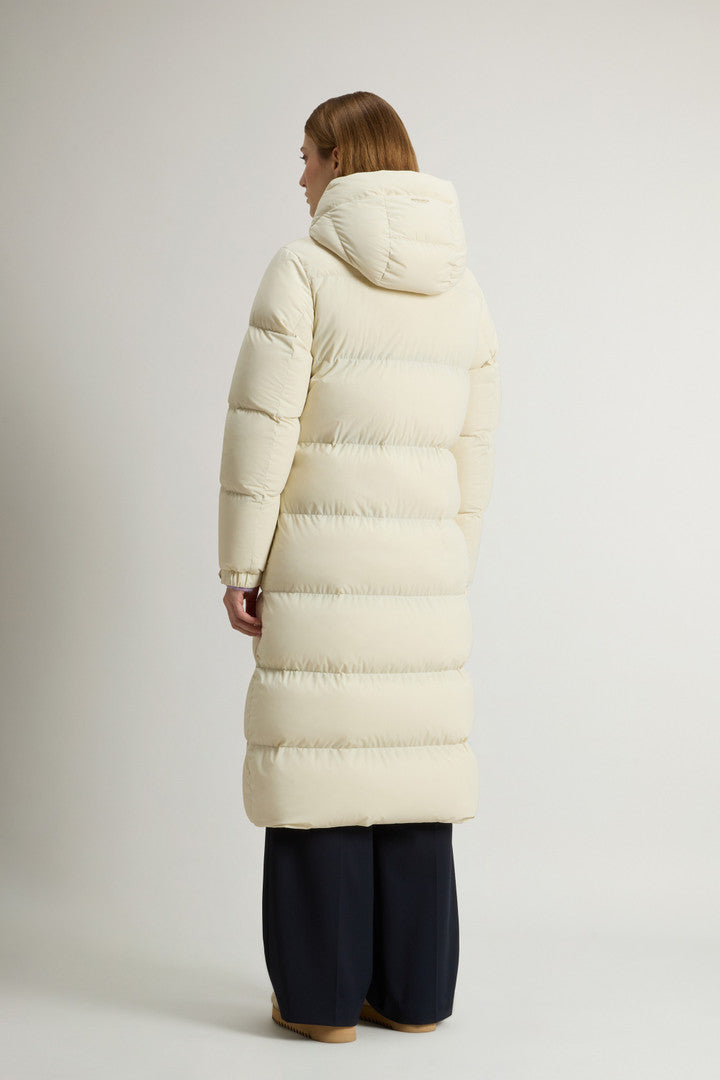 Long Cloud Down Jacket in Stretch Nylon with Matte Finish Black Dark Green Milky Cream